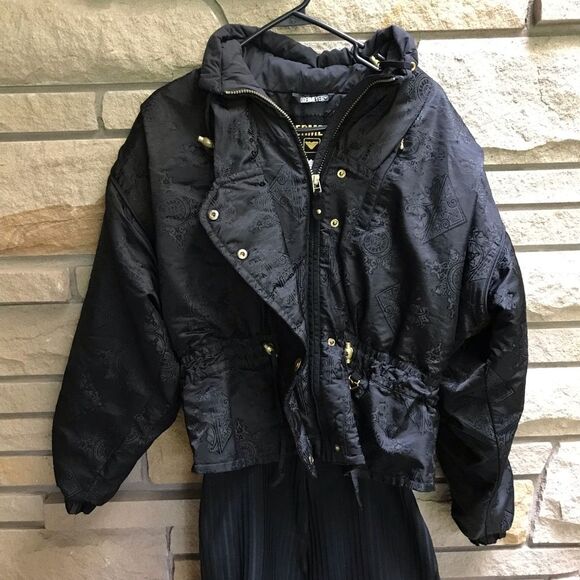Vintage Obermeyer 2 pc Ski Jacket Pants Ski Suit Black Brocade Gold 80s 12P - Picture 8 of 16
